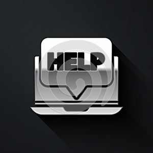 Silver Laptop and help icon isolated on black background. Adjusting, service, setting, maintenance, repair, fixing. Long