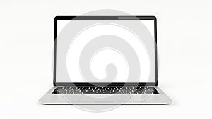 Silver laptop open with a blank white screen on a white background computer technology