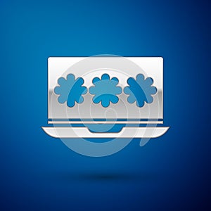 Silver Laptop with password notification icon isolated on blue background. Security, personal access, user authorization