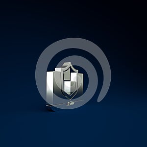 Silver Laptop protected with shield icon isolated on blue background. PC security, firewall technology, privacy safety