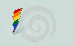 Silver LGBT lightning bolt rainbow pin pride symbol isolated on pastel green background with copy space on the right side. Sexual
