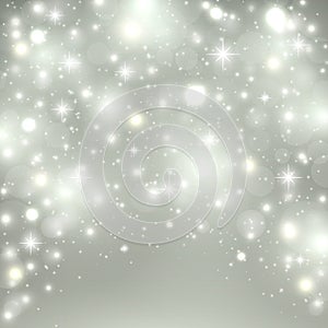 Silver light background. Christmas design with snow, snowflakes, sparkle stars, glitter. Winter holiday background with