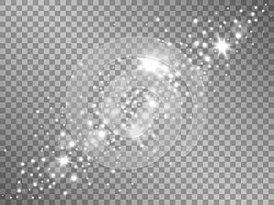 Silver lights on transparent background. Sparkling stardust with glowing stars. Magic light template with silver dust photo