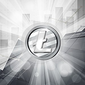 Silver litecoin coin cryptocurrency in bright rays with stat