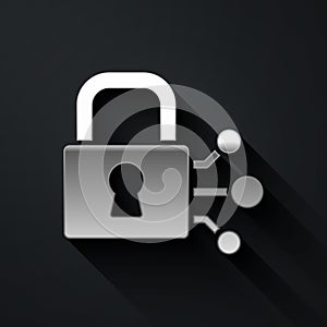 Silver Lock with bitcoin icon isolated on black background. Cryptocurrency mining, blockchain technology, security