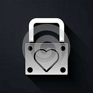 Silver Lock and heart icon isolated on black background. Locked Heart. Love symbol and keyhole sign. Valentines day