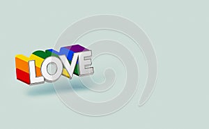 Silver LOVE word with rainbow outline. LGBTQ love symbol concept. Isolated on pastel green background with copy space. 3D