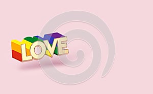 Silver LOVE word with rainbow outline. LGBTQ love symbol concept. Isolated on pastel green background with copy space. 3D