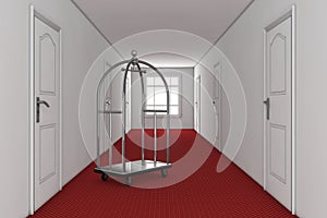 Silver Luxury Hotel Luggage Trolley Cart in Hotel Building Hallway. 3d Rendering