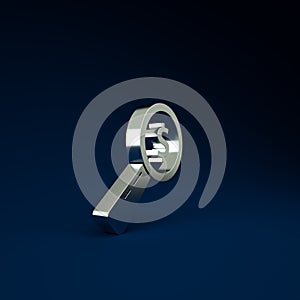 Silver Magnifying glass and dollar icon isolated on blue background. Find money. Looking for money. Minimalism concept