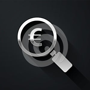 Silver Magnifying glass and euro symbol icon isolated on black background. Find money. Looking for money. Long shadow
