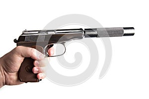 Silver makarov pistol with black silencer