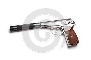 Silver makarov pistol with black silencer