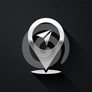 Silver Map pin icon isolated on black background. Navigation, pointer, location, map, gps, direction, place, compass