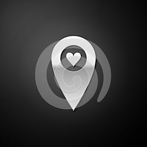 Silver Map pointer with heart icon isolated on black background. Valentines day. Love location. Romantic map pin. Long