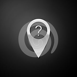 Silver Map pointer with Question symbol icon isolated on black background. Marker location sign. For location maps