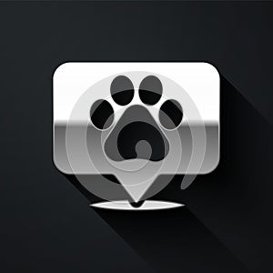 Silver Map pointer with veterinary medicine hospital, clinic or pet shop for animals icon isolated on black background