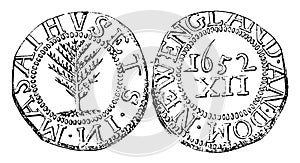 Silver Massachusetts XII Pence Coin, 1652 vintage illustration