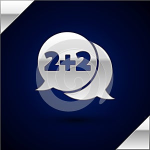 Silver Math system of equation solution on speech bubble icon isolated on dark blue background. Vector Illustration