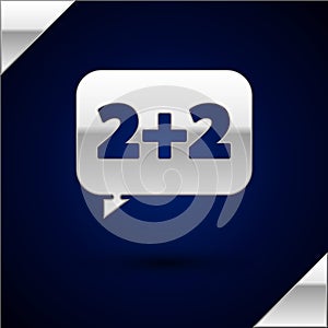 Silver Math system of equation solution on speech bubble icon isolated on dark blue background. Vector Illustration