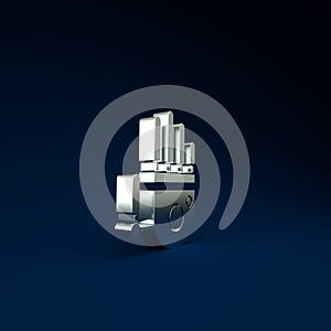 Silver Mechanical robot hand icon isolated on blue background. Robotic arm symbol. Technological concept. Minimalism