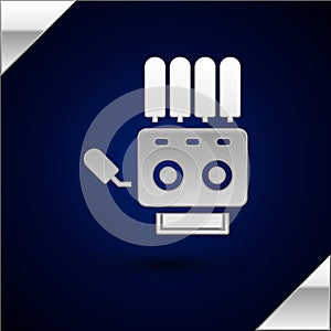 Silver Mechanical robot hand icon isolated on dark blue background. Robotic arm symbol. Technological concept. Vector