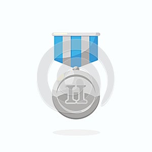 Silver medal with blue ribbon for second place. Trophy, winner award isolated on white background. Badge icon. Sport, business