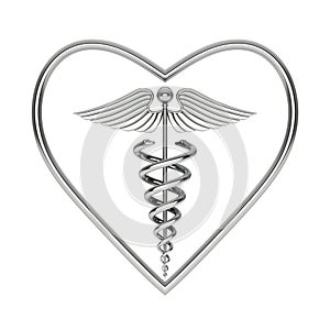 Silver Medical Caduceus Symbol in Shape of Heart. 3d Rendering