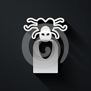 Silver Medusa Gorgon head with snakes greek icon isolated on black background. Long shadow style. Vector