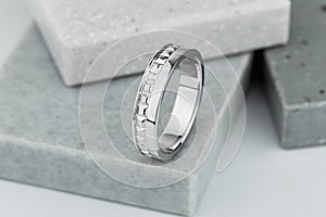 Silver mens wedding ring with geometric design