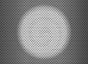 Silver metal background with dots pattern. Light silver metal background with spotlight. Grey metal sheet with round hole. Vector