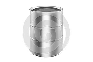 Silver metal barrel on white background isolated closeup, one round oil drum, steel keg, tin food can, canister, aluminium cask