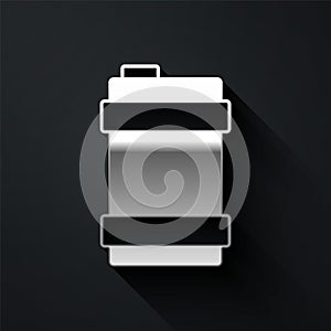 Silver Metal beer keg icon isolated on black background. Long shadow style. Vector