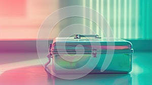 A silver metal box sitting on a table in front of the window, AI