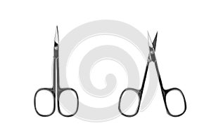 Silver metal closed and open scissors set on white background isolated closeup, steel cutting tool for manicure, cuticle, nails