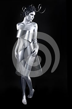 Silver Metal Clothing on a Body Painted Model
