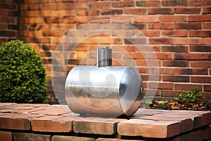 a silver metal cylinder of propane gas on a brick wall