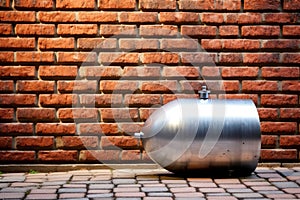 a silver metal cylinder of propane gas on a brick wall