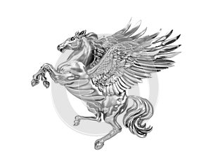 Silver metal flying horse Pegasus isolated on white background with clipping path.