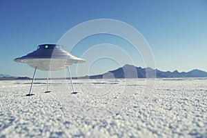 Silver Metal Flying Saucer UFO Harsh White Desert Planet Landscape