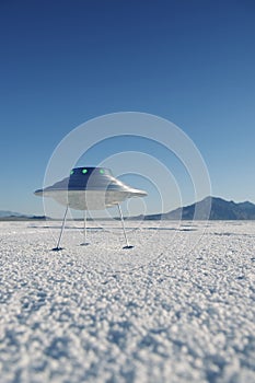 Silver Metal Flying Saucer UFO Harsh White Desert Planet Landscape