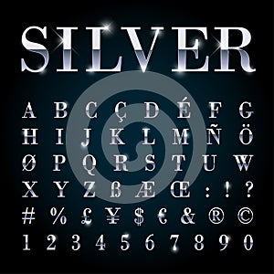 Silver metal font set letters, numbers, currency symbols.