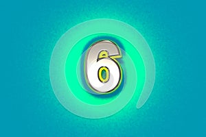 Silver metal font with yellow outline and green noisy backlight - number 6 isolated on blue, 3D illustration of symbols