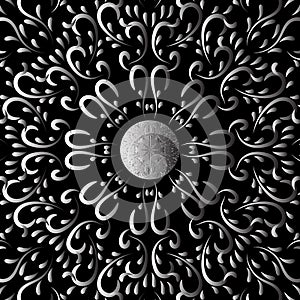 Silver metal plate with classic ornament. Silver mandala on black background. Indian vector pattern.