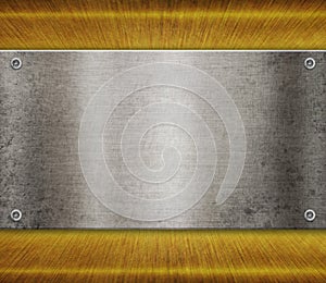 Silver metal plate with rivets on gold background. Design template.  3d illustration