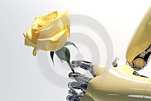 A silver metal robot arm reaches out to flower. Isolated in front of white background. Conceptual photo on artificial