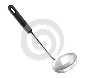 Silver metal soup ladle for first courses isolated on white background. Stainless steel scoop with black handle. Realistic 3D