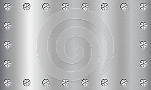 Silver metal texture background with screws. Aluminium plate with screws. Steel background. Vector illustration
