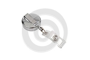 Silver metalized, plastic badge holder clips, isolated on white