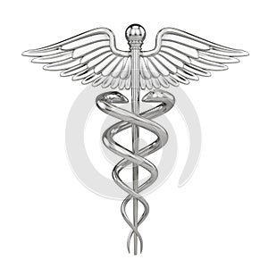 Silver metall Caduceus - medical symbol with isolated on white